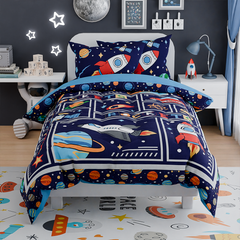 Space Bedding Twin for Boys, Ultra Soft Microfiber Comforter Bed Set with 3-Pieces, Rocket Comforters Sets for Kids Children Teen Tween Bedroom Decor