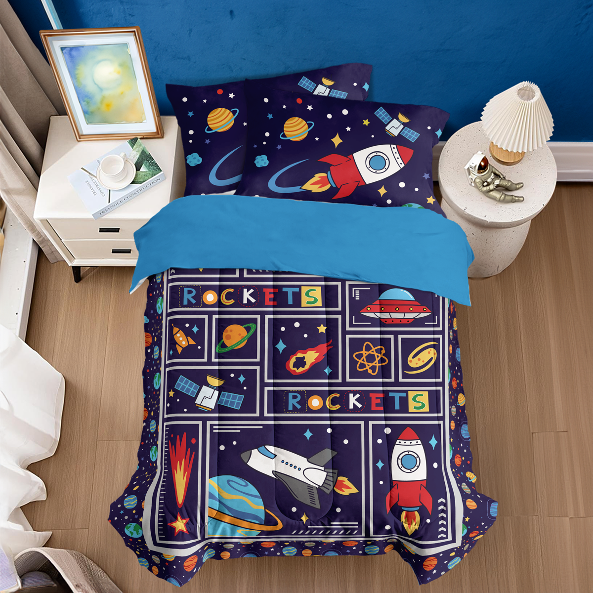 Space Bedding Twin for Boys, Ultra Soft Microfiber Comforter Bed Set with 3-Pieces, Rocket Comforters Sets for Kids Children Teen Tween Bedroom Decor