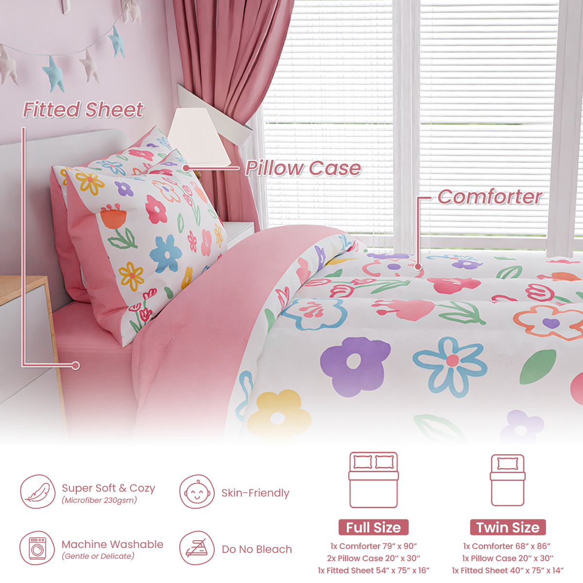 Floral Full Bedding Sets for Girl, Ultra Soft Microfiber Comforter Bed Set with 4-Pieces, Flower Comforters Sets for Kids Children Girl Teen Tween Bedroom Decor
