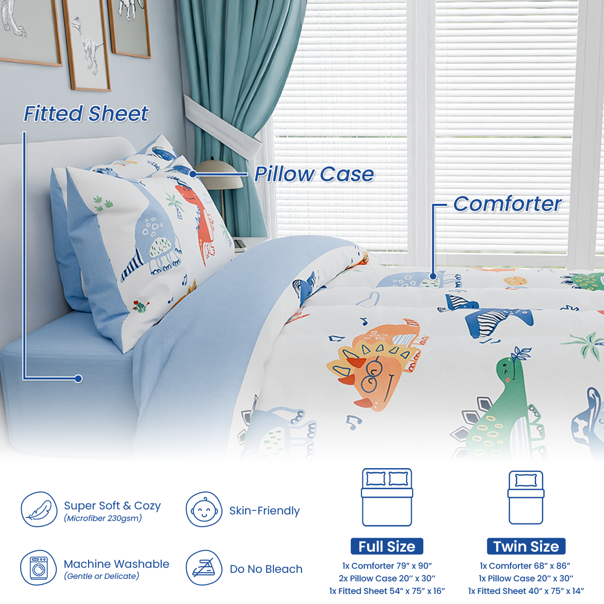 Dinosaurs Bedding Full Set for Boys Kids Children, Ultra Soft Microfiber Comforter Set with 4-Pieces, Comforters Bed Sets Bedroom Decor