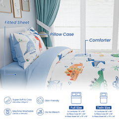 Dinosaurs Bedding Full Set for Boys Kids Children, Ultra Soft Microfiber Comforter Set with 4-Pieces, Comforters Bed Sets Bedroom Decor