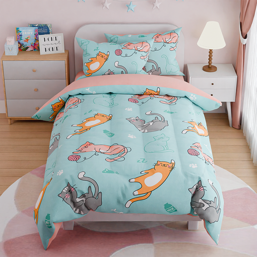 Cat Comforter Set Full for Girls, Ultra Soft Microfiber Bedding Sets with 4-Pieces, Cats Comforters Bed Sets for Kids Children Girl Bedroom Decor