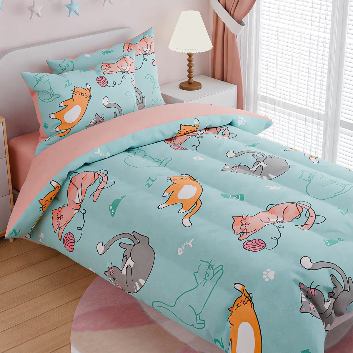 Cat Comforter Set Full for Girls, Ultra Soft Microfiber Bedding Sets with 4-Pieces, Cats Comforters Bed Sets for Kids Children Girl Bedroom Decor