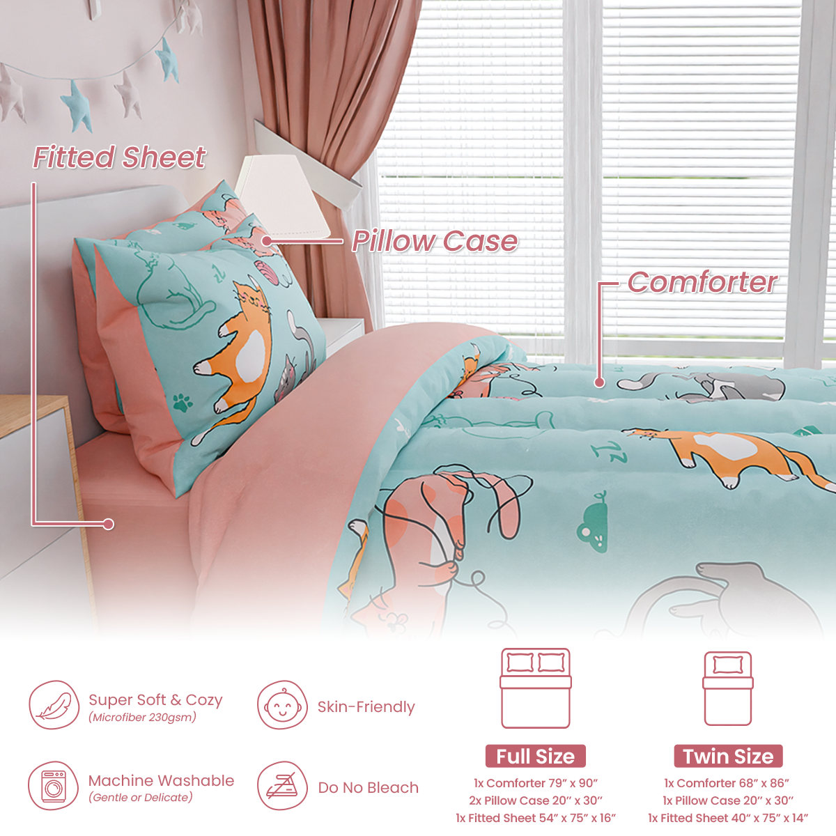 Cat Comforter Set Full for Girls, Ultra Soft Microfiber Bedding Sets with 4-Pieces, Cats Comforters Bed Sets for Kids Children Girl Bedroom Decor