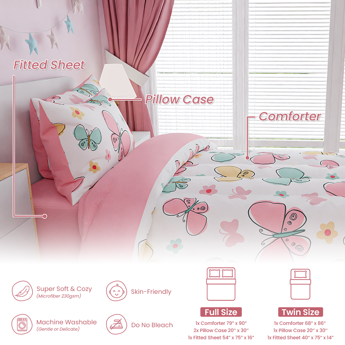 Pink Butterfly Dreamland Joy | Kids Microfiber Comforter Set Full