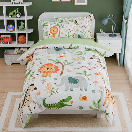 Jungle Animal Kids Bedding Set for Boys Girls, Ultra Soft Microfiber Comforter Set Full Size 4-Pieces, Comforters Bed Sets for Kid Tween Teen Bedroom Decor