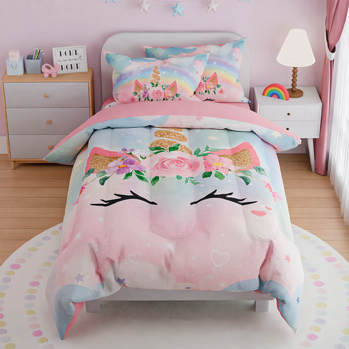 Unicorns Bedding Set for Girls Kids Children, Ultra Soft Microfiber Comforter Set Full Size with 4-Pieces, Comforters Bed Sets Bedroom Decor