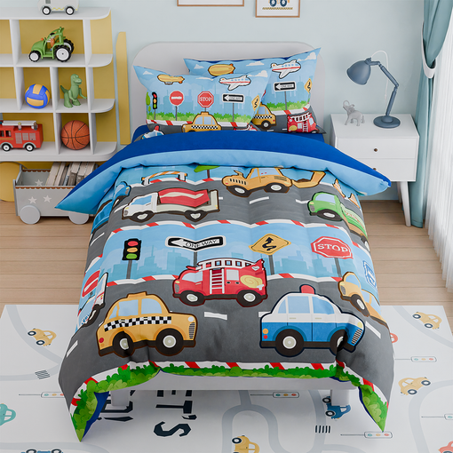 Transportation Kids Bedding Set for Boys, Ultra Soft Microfiber Comforter Set Twin Size with 3-Pieces, Comforters Bed Sets for Boy Children Kids