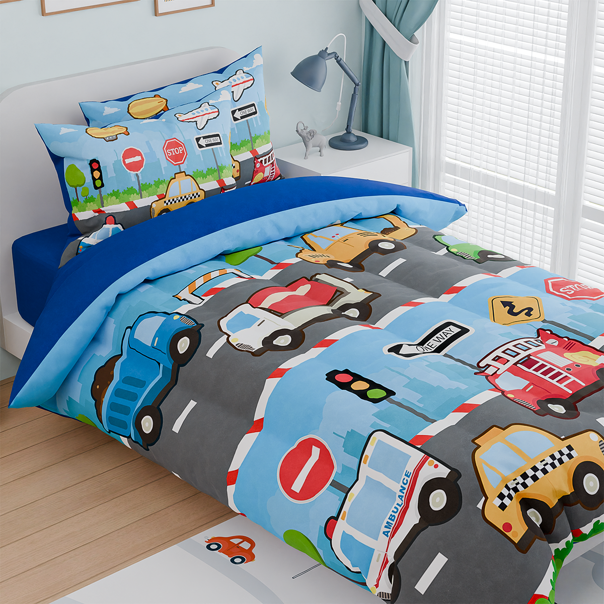 Transportation Kids Bedding Set for Boys, Ultra Soft Microfiber Comforter Set Twin Size with 3-Pieces, Comforters Bed Sets for Boy Children Kids