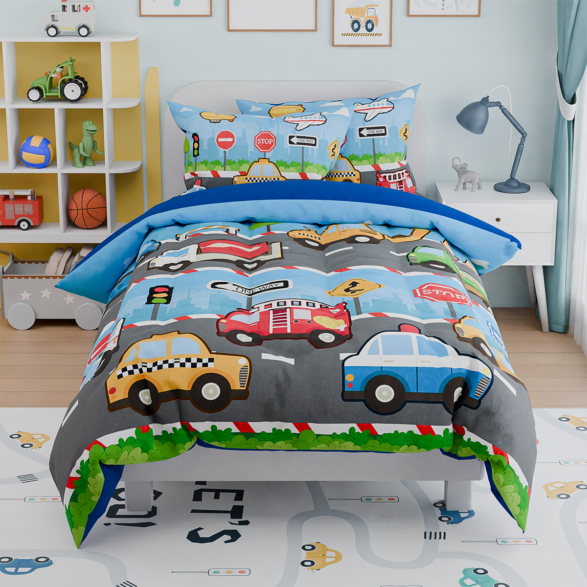 Transportation Kids Bedding Set for Boys, Ultra Soft Microfiber Comforter Set Twin Size with 3-Pieces, Comforters Bed Sets for Boy Children Kids