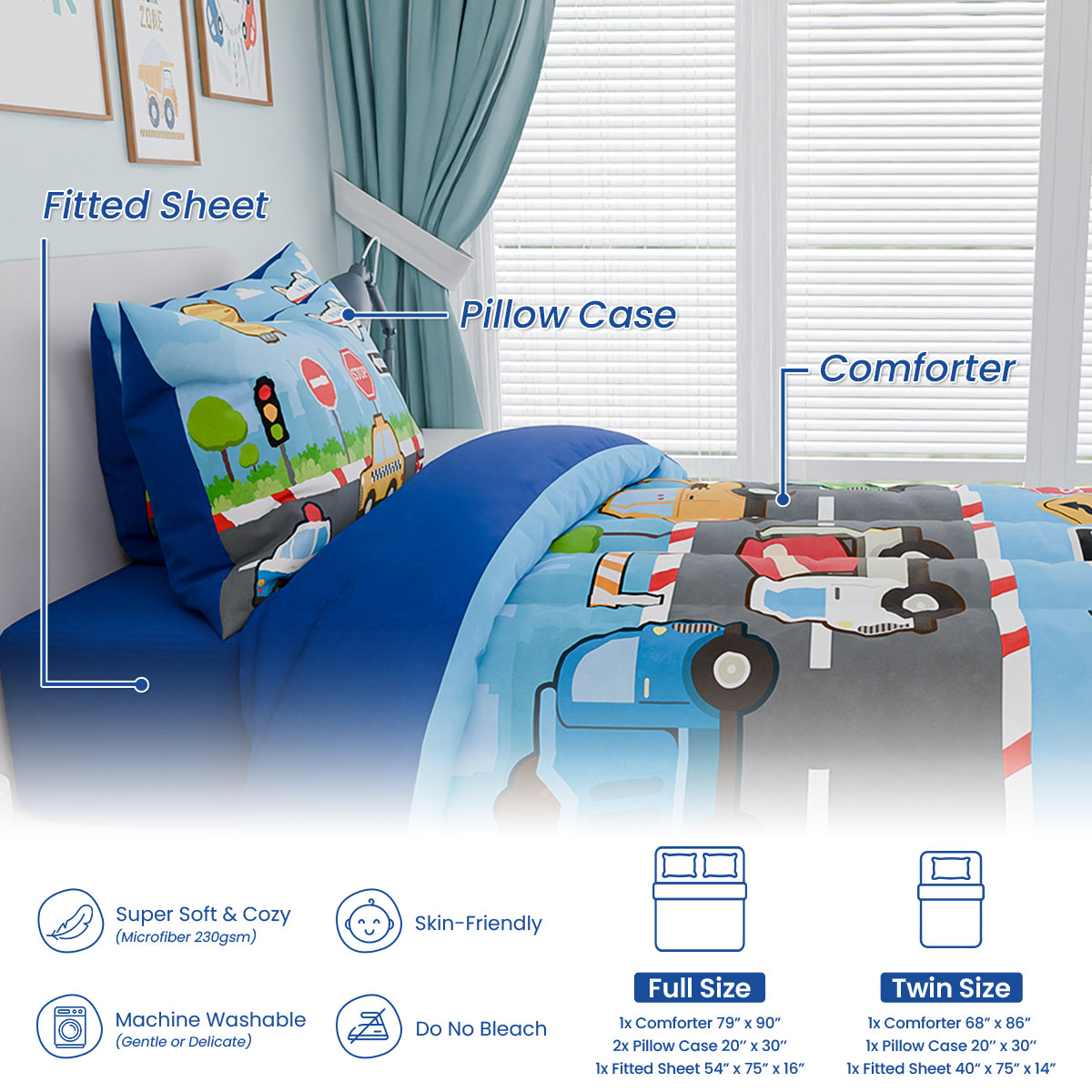 Transportation Kids Bedding Set for Boys, Ultra Soft Microfiber Comforter Set Twin Size with 3-Pieces, Comforters Bed Sets for Boy Children Kids