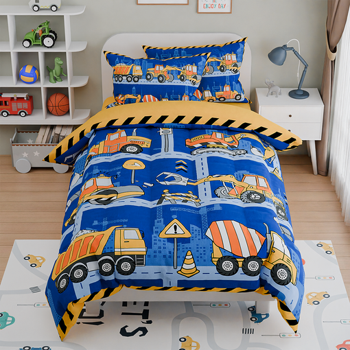 Construction Bedding Sets for Boys, Ultra Soft Microfiber Comforter Bed Set with 3-Pieces, Comforters Sets for Kids Children Boy Bedroom Decor