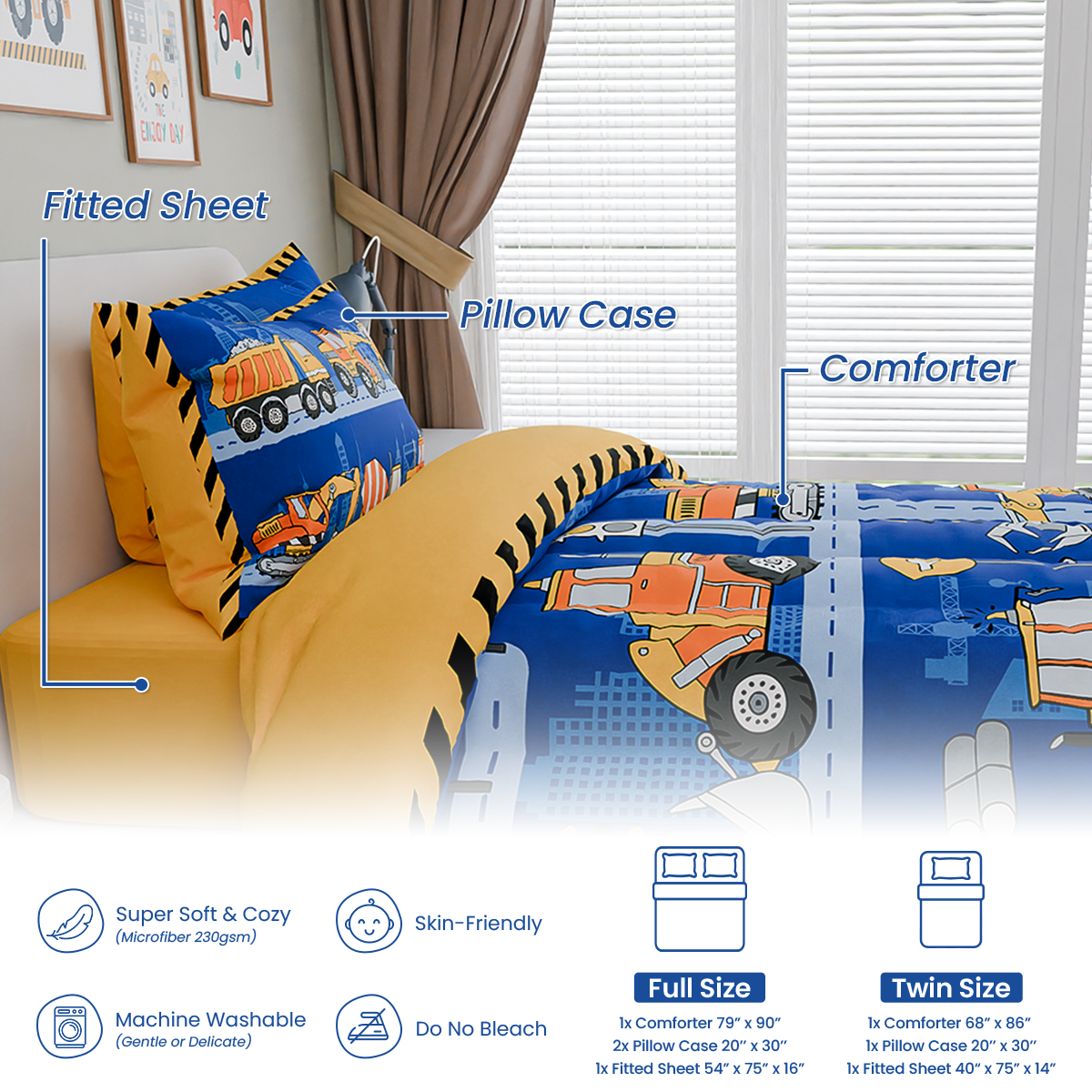 blue Construction Dreamland Joy | Kids Microfiber Comforter Set Twin