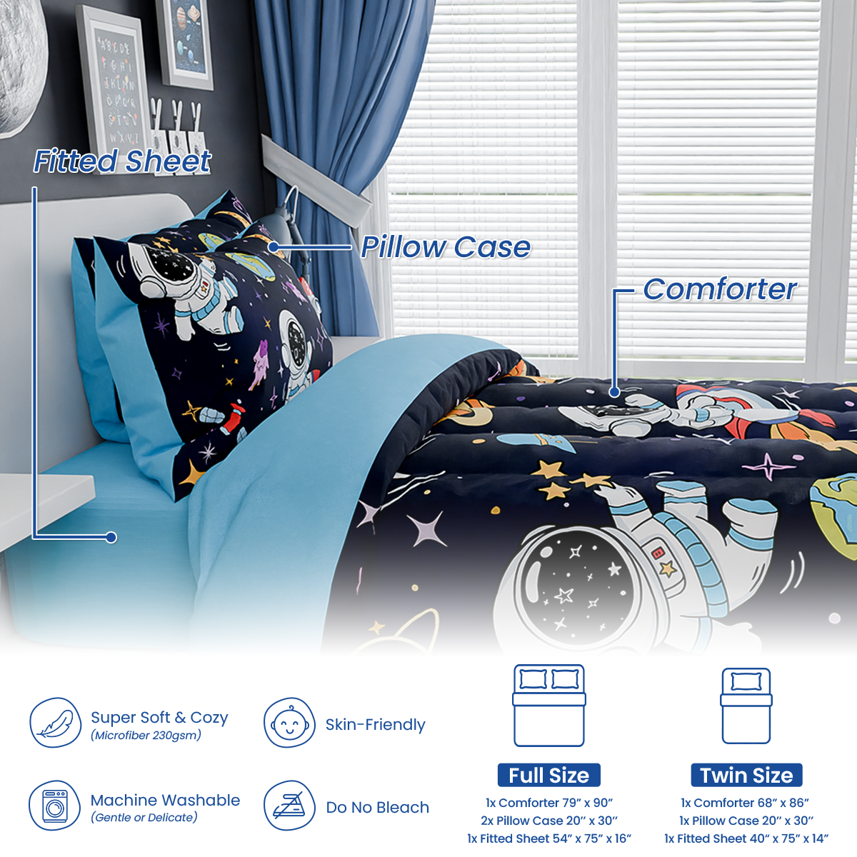 Joiedomi Kids Twin Sheet Set – Astronaut Print, Soft Microfiber, Deep Pocket, Wrinkle-Free - View #8