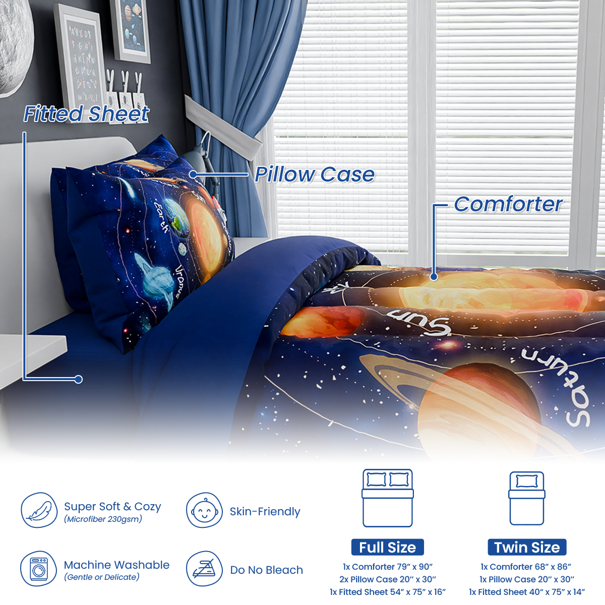 Blue Solar System Dreamland Joy | Kids Microfiber Comforter Set Full