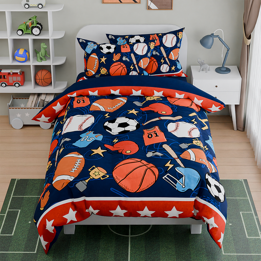 Sports Bedding Sets for Boys, Ultra Soft Microfiber Comforter Full Size Set with 4-Pieces, Comforters for Kids Children Boy Bedroom Decor