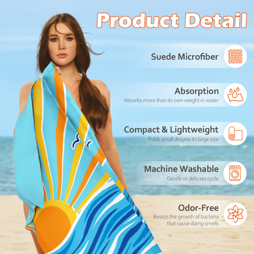 Microfiber Beach Towel for Men Women with Sun Design - 35x70 Inches Lightweight Soft Towels - Perfect for Beach Pool Swim Bath Camping Picnic