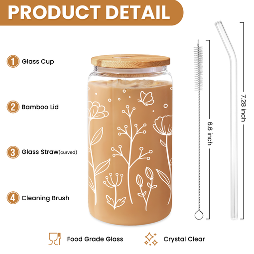 Floral Cup 16 Oz Can Glass with Bamboo Lid and Straw - Wildflower Drinking Coffee Glass Cup Gifts for Women