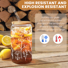 Floral Cup 16 Oz Can Glass with Bamboo Lid and Straw - Wildflower Drinking Coffee Glass Cup Gifts for Women