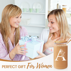 Monogrammed Gifts for Women, Initial Glass Cup 16 Oz Can Coffee Cups with Lid and Straw - Monogram Initials Gifts for Womens on Birthday