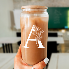 Monogrammed Gifts for Women, Initial Glass Cup 16 Oz Can Coffee Cups with Lid and Straw - Monogram Initials Gifts for Womens on Birthday