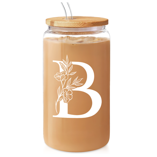 Monogram B Initial Glass Cup 16 Oz Can Coffee Cups with Lid and Straw