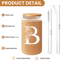 Monogram B Initial Glass Cup 16 Oz Can Coffee Cups with Lid and Straw