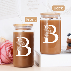 Monogram B Initial Glass Cup 16 Oz Can Coffee Cups with Lid and Straw