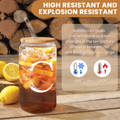 Monogram C Initial Glass Cup 16 Oz Can Coffee Cups with Lid and Straw