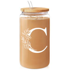 Monogrammed Gifts for Women, Initial Glass Cup 16 Oz Can Coffee Cups with Lid and Straw - Monogram Initials Gifts for Womens on Birthday