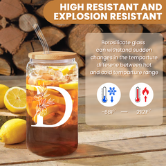 Monogram D Initial Glass Cup 16 Oz Can Coffee Cups with Lid and Straw