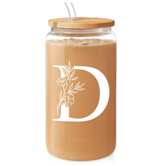 Monogrammed Gifts for Women, Initial Glass Cup 16 Oz Can Coffee Cups with Lid and Straw - Monogram Initials Gifts for Womens on Birthday