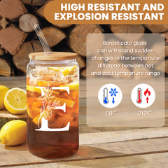 Monogram E Initial Glass Cup 16 Oz Can Coffee Cups with Lid and Straw