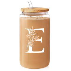 Monogrammed Gifts for Women, Initial Glass Cup 16 Oz Can Coffee Cups with Lid and Straw - Monogram Initials Gifts for Womens on Birthday