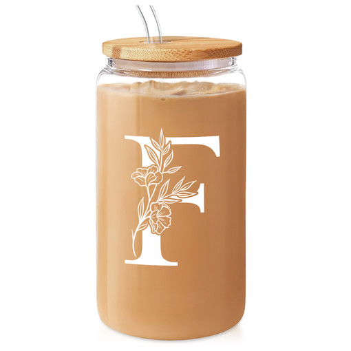 Monogram F Initial Glass Cup 16 Oz Can Coffee Cups with Lid and Straw