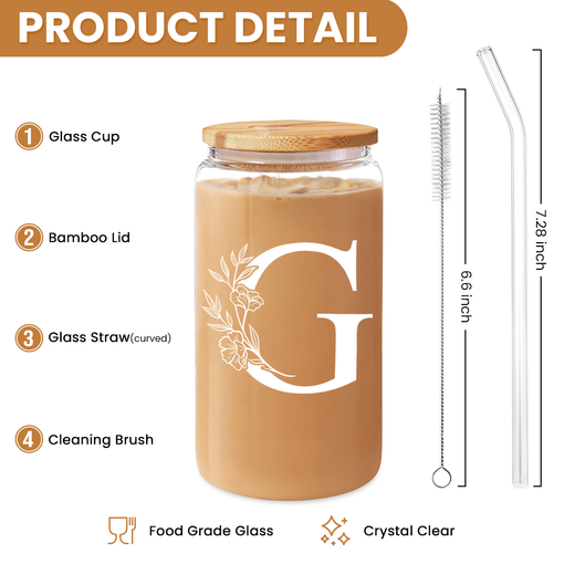 Monogram G Initial Glass Cup 16 Oz Can Coffee Cups with Lid and Straw