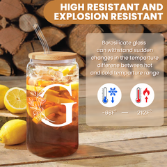 Monogram G Initial Glass Cup 16 Oz Can Coffee Cups with Lid and Straw