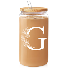 Monogrammed Gifts for Women, Initial Glass Cup 16 Oz Can Coffee Cups with Lid and Straw - Monogram Initials Gifts for Womens on Birthday