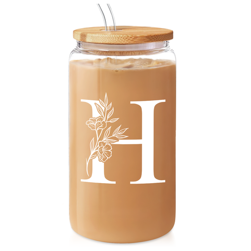 Monogram H Initial Glass Cup 16 Oz Can Coffee Cups with Lid and Straw