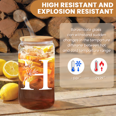 Monogram H Initial Glass Cup 16 Oz Can Coffee Cups with Lid and Straw