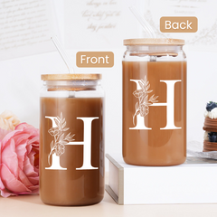 Monogram H Initial Glass Cup 16 Oz Can Coffee Cups with Lid and Straw