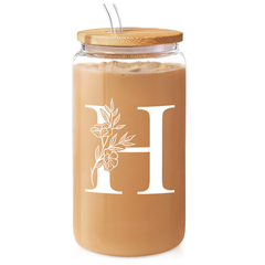 Monogrammed Gifts for Women, Initial Glass Cup 16 Oz Can Coffee Cups with Lid and Straw - Monogram Initials Gifts for Womens on Birthday