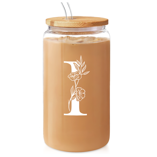 Monogram I Initial Glass Cup 16 Oz Can Coffee Cups with Lid and Straw