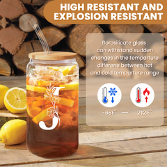 Monogram J Initial Glass Cup 16 Oz Can Coffee Cups with Lid and Straw