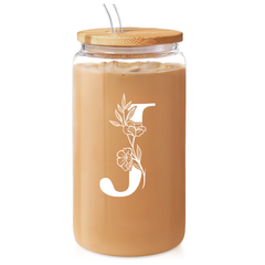 Monogrammed Gifts for Women, Initial Glass Cup 16 Oz Can Coffee Cups with Lid and Straw - Monogram Initials Gifts for Womens on Birthday