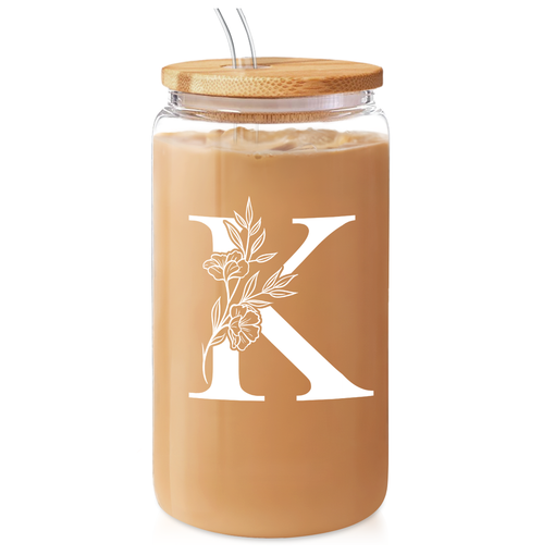 Monogram K Initial Glass Cup 16 Oz Can Coffee Cups with Lid and Straw