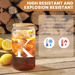 Monogram K Initial Glass Cup 16 Oz Can Coffee Cups with Lid and Straw
