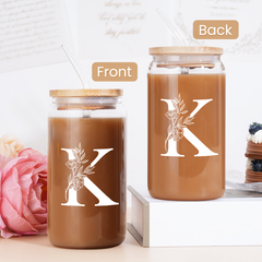 Monogram K Initial Glass Cup 16 Oz Can Coffee Cups with Lid and Straw