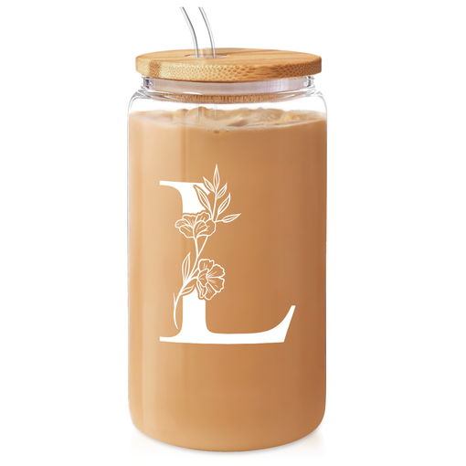 Monogram L Initial Glass Cup 16 Oz Can Coffee Cups with Lid and Straw - Gifts for Womens on Birthday