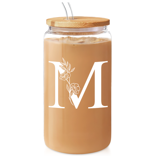 Monogram M Initial Glass Cup 16 Oz Can Coffee Cups with Lid and Straw